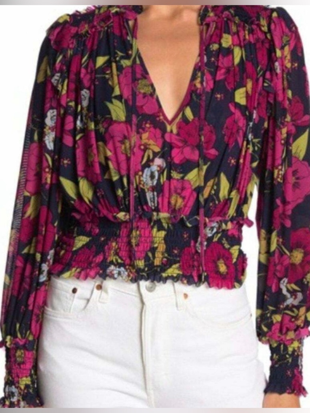 Free People Black Blouse with Fuchsia Floral Print